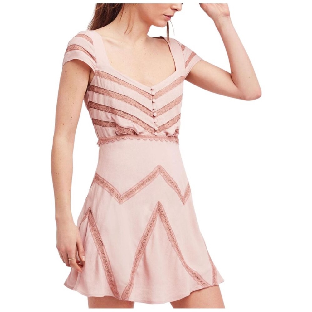NEW  Free People Elle Lace Shadow Stripe Panel Crepe Mini Dress Toasted Mink